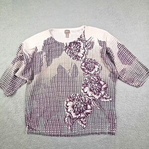 Chicos Top Womens 3 US XL Purple Floral Houndstooth 3/4 Sleeve Blouse